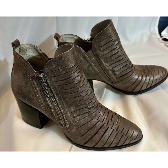 DONALD J PLINER Elton Brown Pewter Leather Metallic Ankle Bootie Boots Sz 9 - Picture 1 of 8